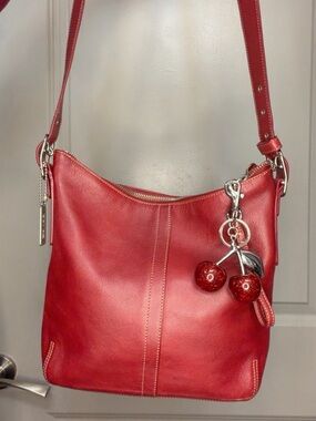Red Leather Shoulder Bag with Cherry Charm